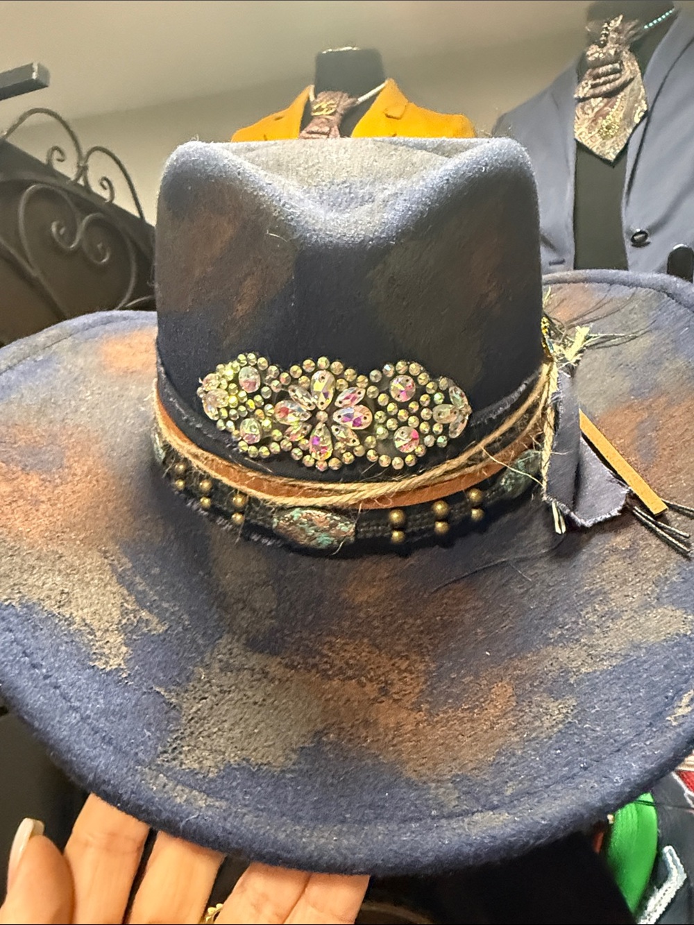 Embellished Navy Wide-Brim Fedora Hat
